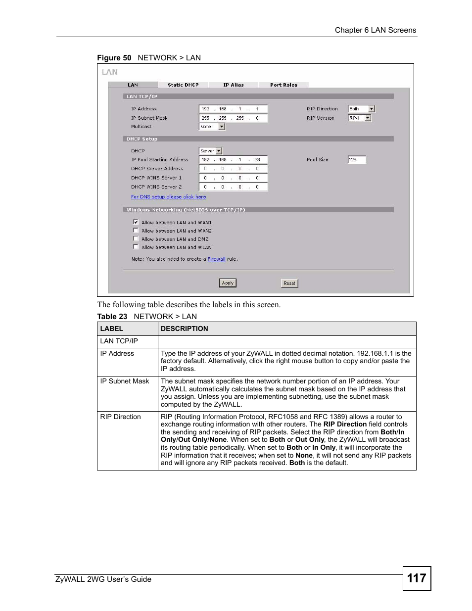 Figure 50 network > lan, Table 23 network > lan | ZyXEL Communications ZyXEL ZyWALL 2WG User Manual | Page 117 / 730