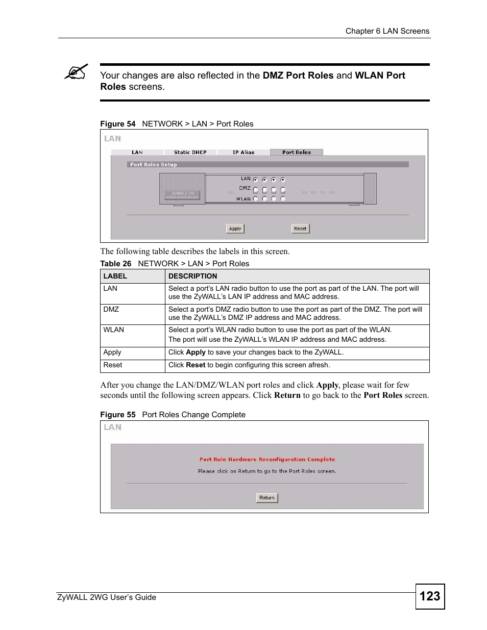 Table 26 network > lan > port roles | ZyXEL Communications ZyXEL ZyWALL 2WG User Manual | Page 123 / 730
