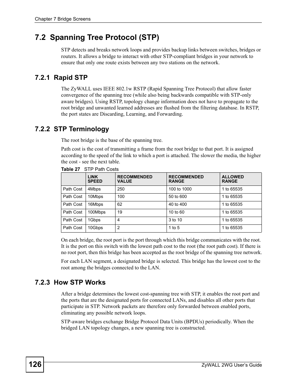 2 spanning tree protocol (stp), 1 rapid stp, 2 stp terminology | 3 how stp works, Table 27 stp path costs | ZyXEL Communications ZyXEL ZyWALL 2WG User Manual | Page 126 / 730