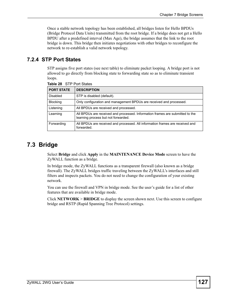 4 stp port states, 3 bridge, Table 28 stp port states | ZyXEL Communications ZyXEL ZyWALL 2WG User Manual | Page 127 / 730