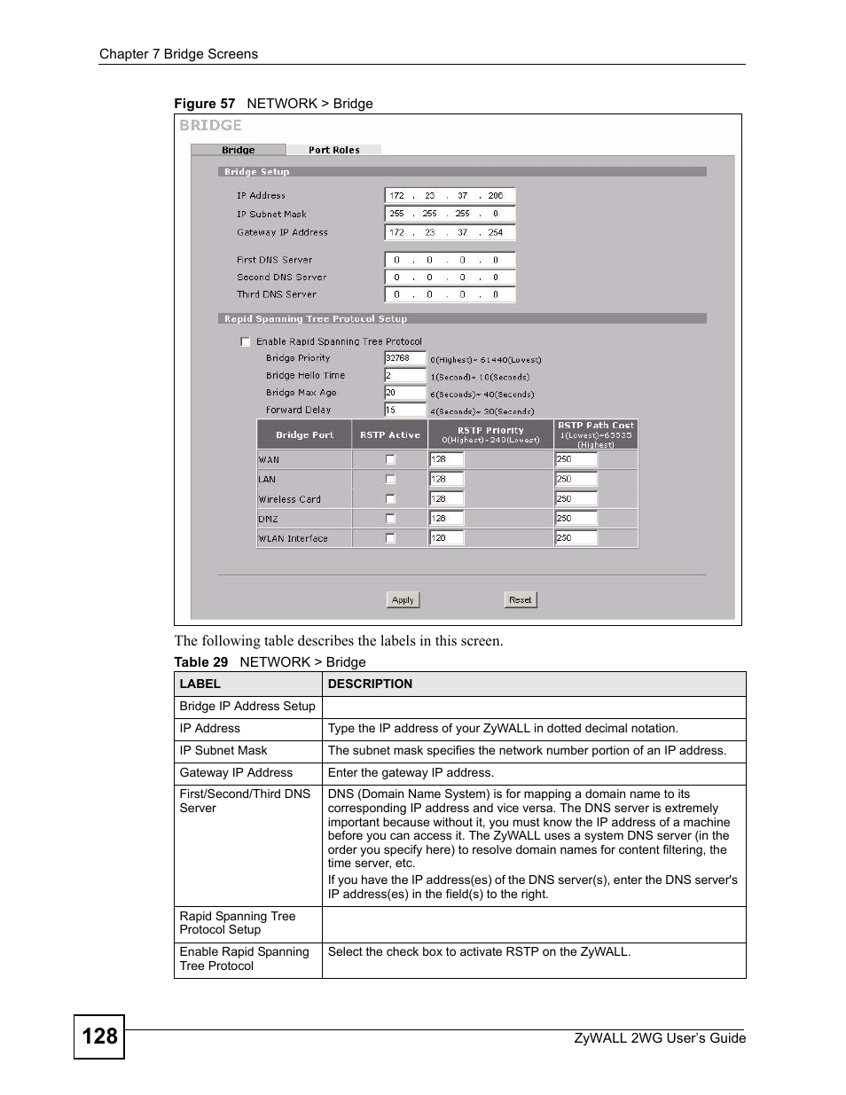 Figure 57 network > bridge, Table 29 network > bridge | ZyXEL Communications ZyXEL ZyWALL 2WG User Manual | Page 128 / 730