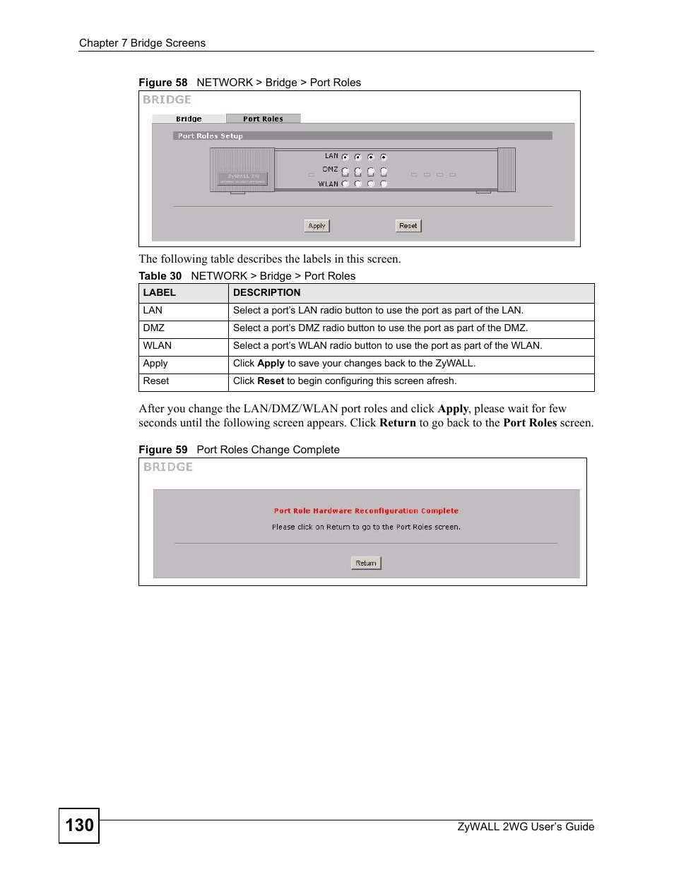 Table 30 network > bridge > port roles | ZyXEL Communications ZyXEL ZyWALL 2WG User Manual | Page 130 / 730