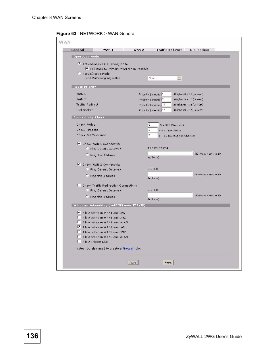 Figure 63 network > wan general | ZyXEL Communications ZyXEL ZyWALL 2WG User Manual | Page 136 / 730