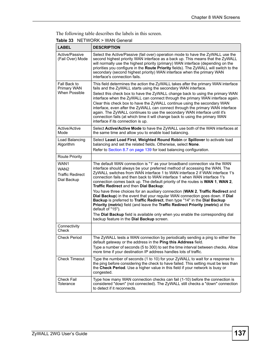 Table 33 network > wan general | ZyXEL Communications ZyXEL ZyWALL 2WG User Manual | Page 137 / 730