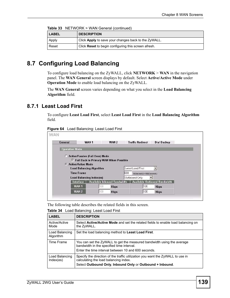 7 configuring load balancing, 1 least load first, Figure 64 load balancing: least load first | Table 34 load balancing: least load first | ZyXEL Communications ZyXEL ZyWALL 2WG User Manual | Page 139 / 730
