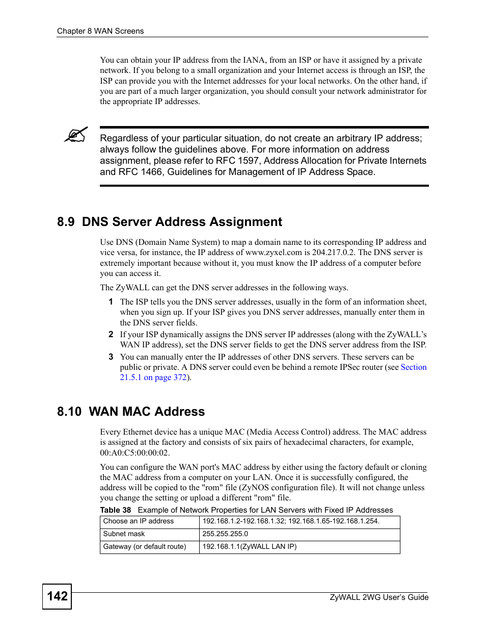 9 dns server address assignment, 10 wan mac address | ZyXEL Communications ZyXEL ZyWALL 2WG User Manual | Page 142 / 730