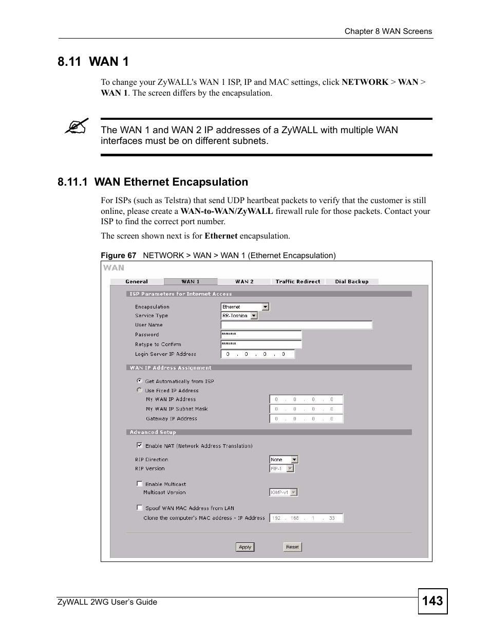 11 wan 1, 1 wan ethernet encapsulation | ZyXEL Communications ZyXEL ZyWALL 2WG User Manual | Page 143 / 730