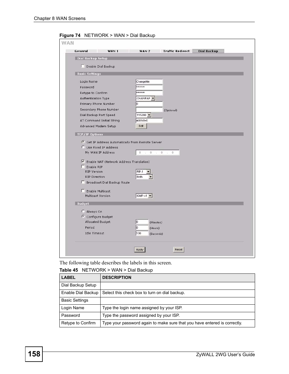 Figure 74 network > wan > dial backup, Table 45 network > wan > dial backup | ZyXEL Communications ZyXEL ZyWALL 2WG User Manual | Page 158 / 730