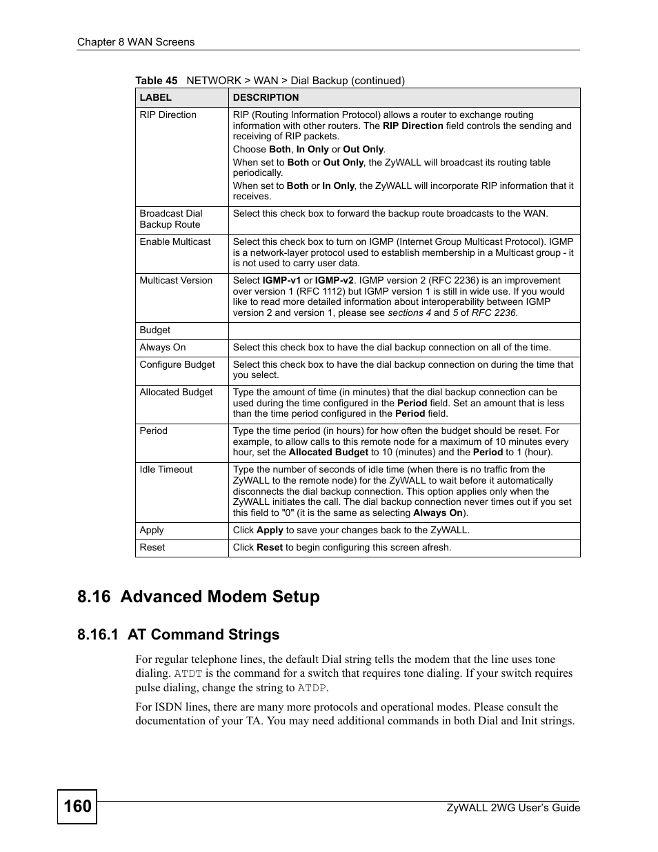 16 advanced modem setup, 1 at command strings | ZyXEL Communications ZyXEL ZyWALL 2WG User Manual | Page 160 / 730