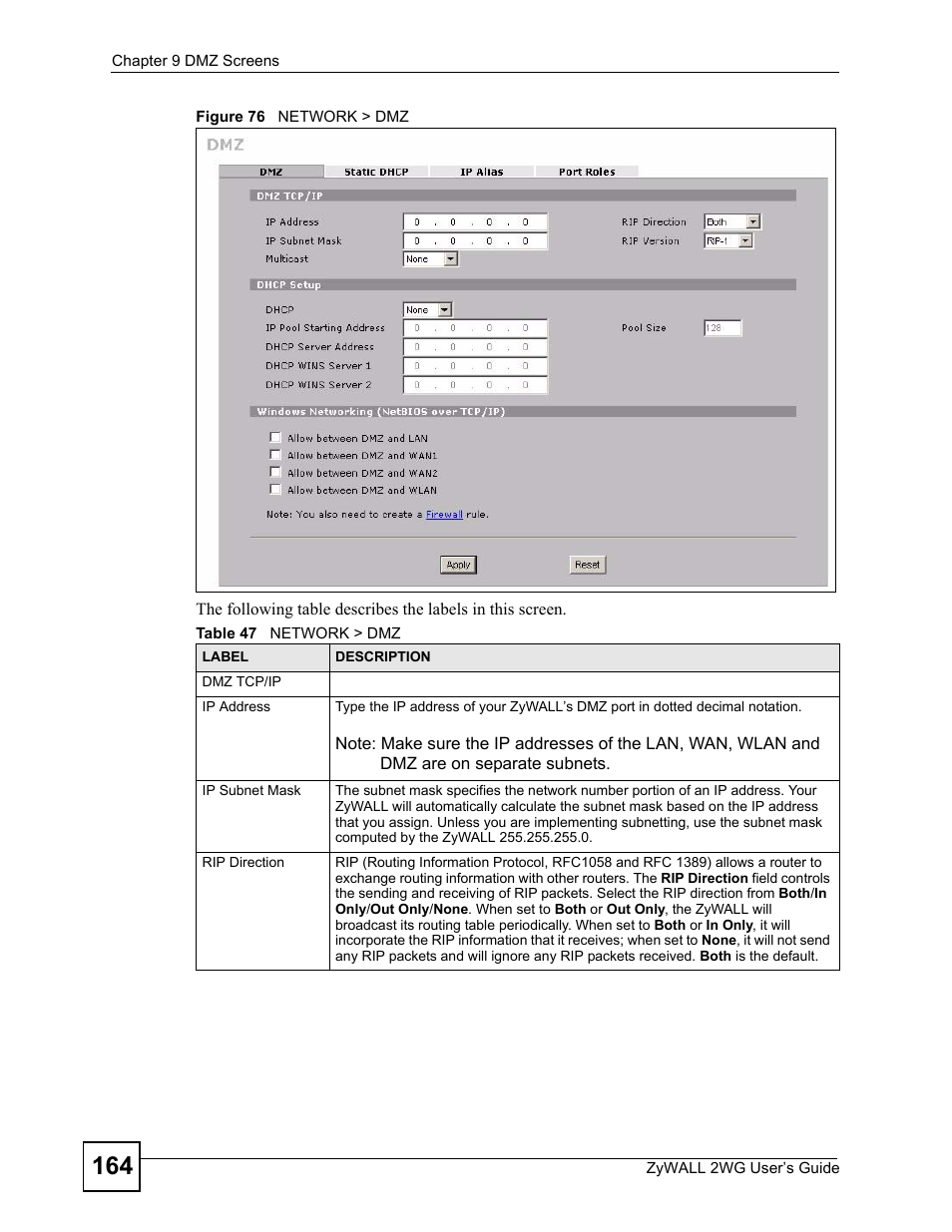 Figure 76 network > dmz, Table 47 network > dmz | ZyXEL Communications ZyXEL ZyWALL 2WG User Manual | Page 164 / 730