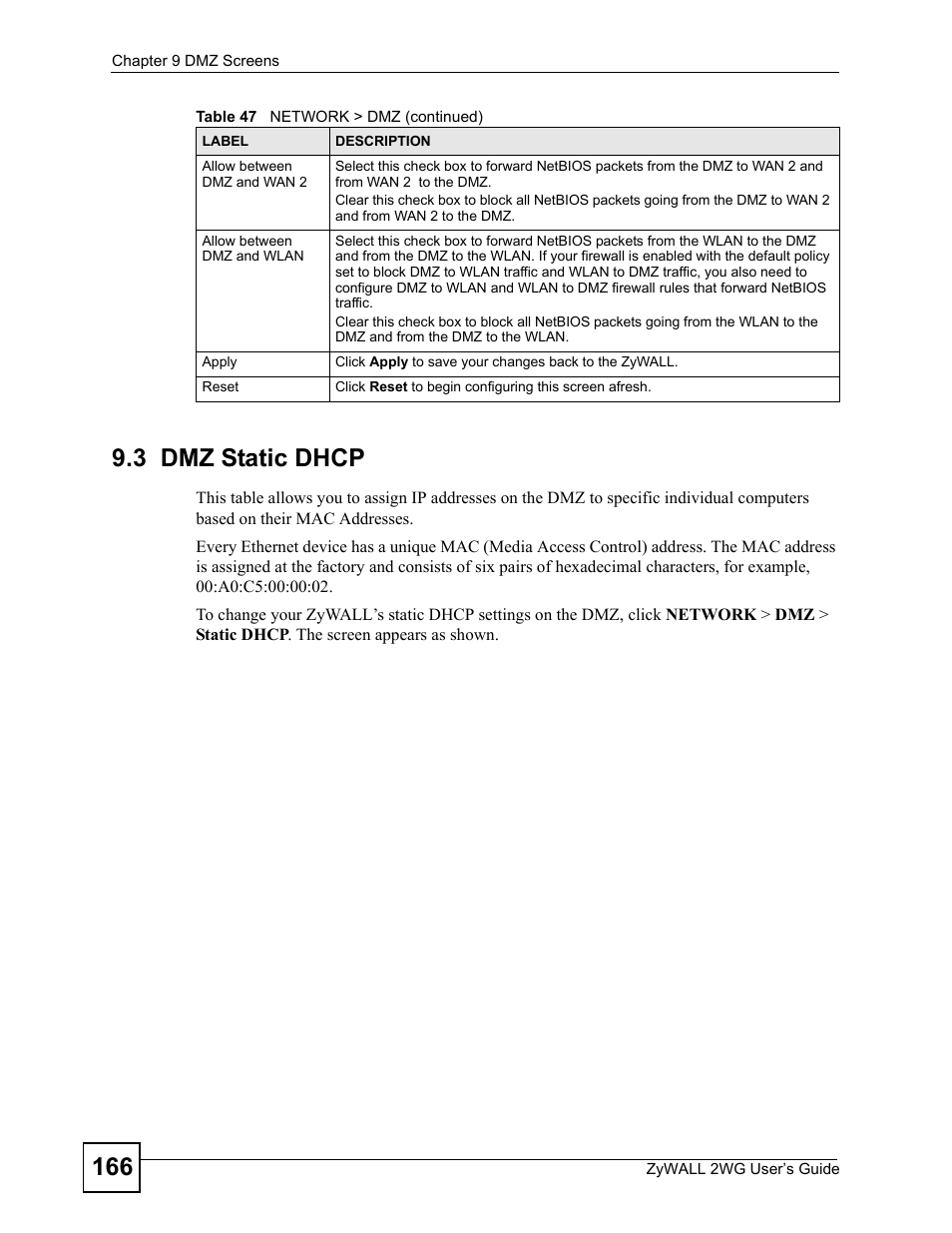 3 dmz static dhcp | ZyXEL Communications ZyXEL ZyWALL 2WG User Manual | Page 166 / 730