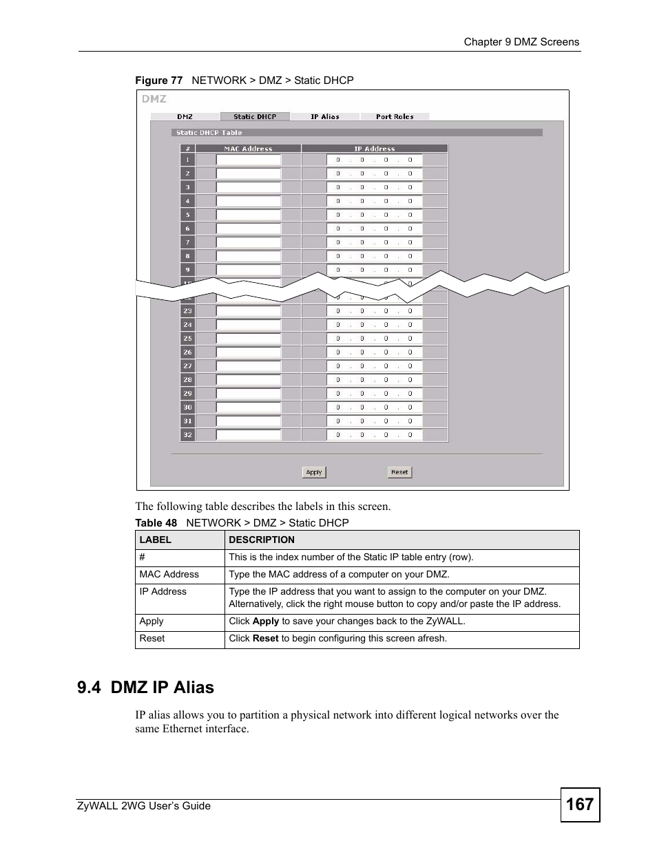 4 dmz ip alias, Figure 77 network > dmz > static dhcp, Table 48 network > dmz > static dhcp | ZyXEL Communications ZyXEL ZyWALL 2WG User Manual | Page 167 / 730