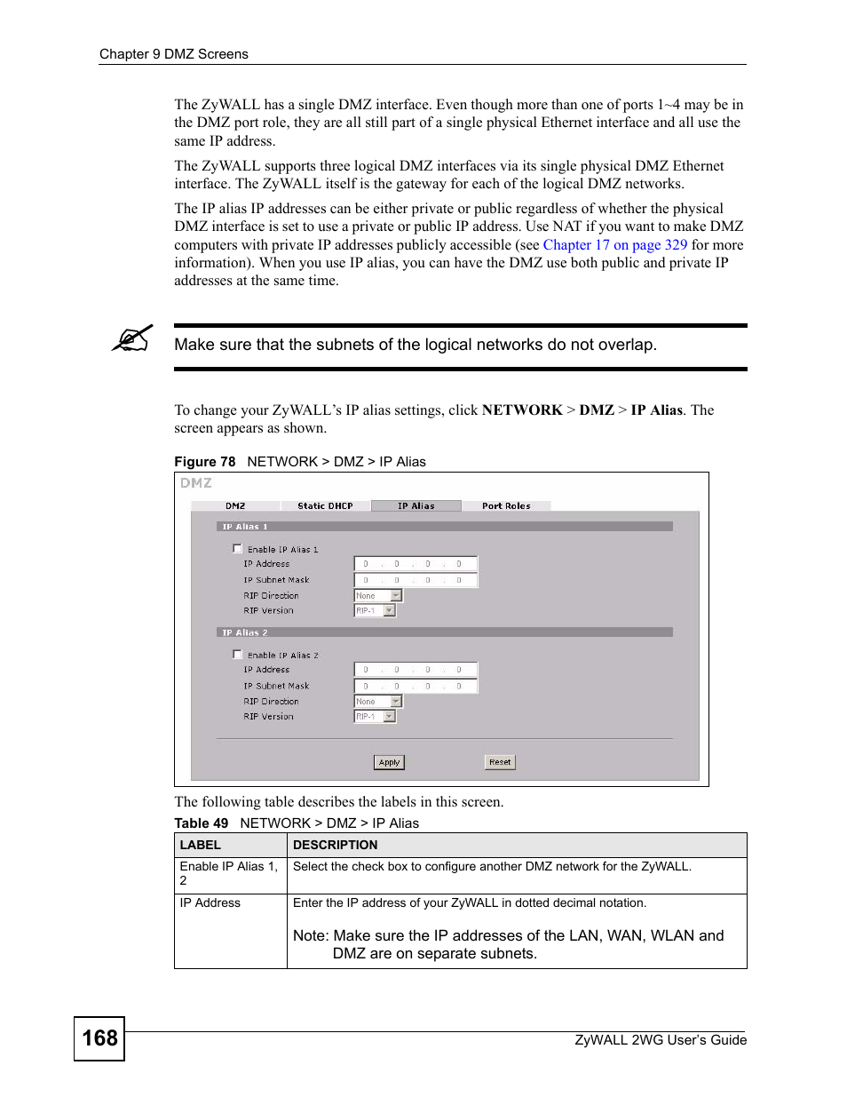 Figure 78 network > dmz > ip alias, Table 49 network > dmz > ip alias | ZyXEL Communications ZyXEL ZyWALL 2WG User Manual | Page 168 / 730