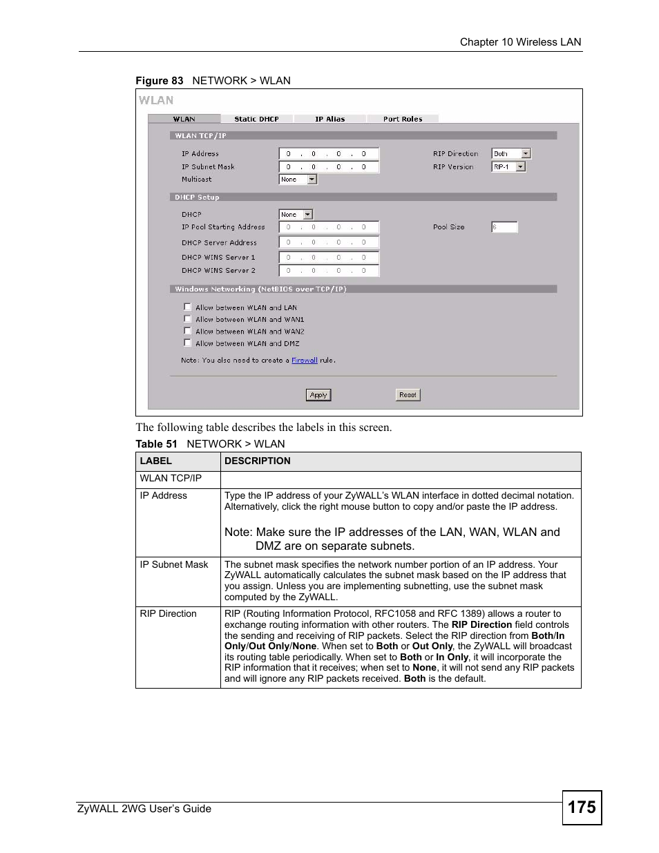 Figure 83 network > wlan, Table 51 network > wlan | ZyXEL Communications ZyXEL ZyWALL 2WG User Manual | Page 175 / 730