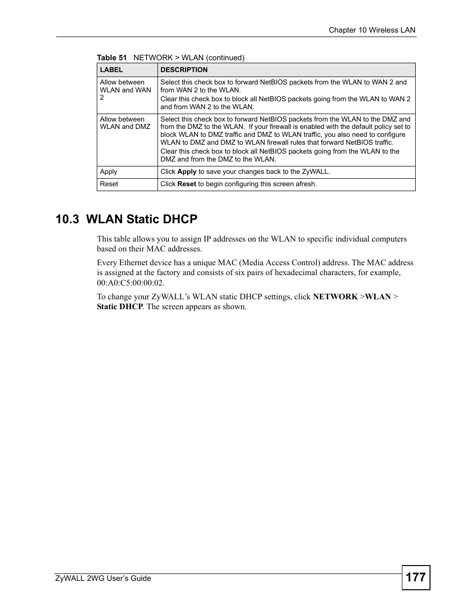 3 wlan static dhcp | ZyXEL Communications ZyXEL ZyWALL 2WG User Manual | Page 177 / 730