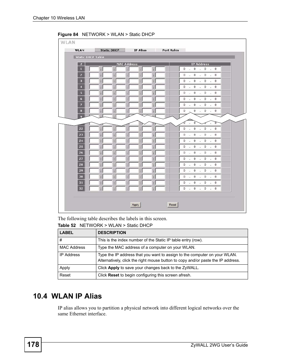 4 wlan ip alias, Figure 84 network > wlan > static dhcp, Table 52 network > wlan > static dhcp | ZyXEL Communications ZyXEL ZyWALL 2WG User Manual | Page 178 / 730