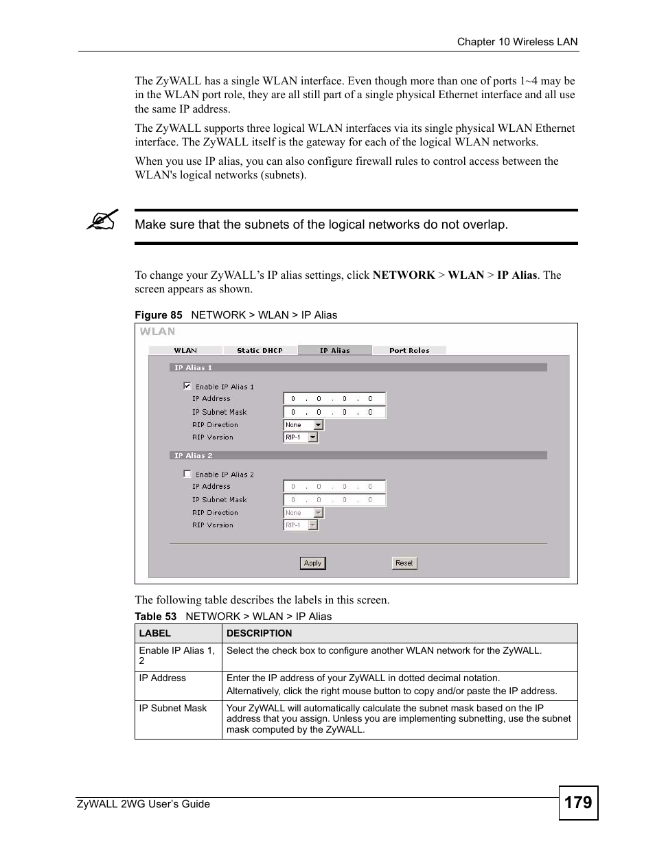 Figure 85 network > wlan > ip alias, Table 53 network > wlan > ip alias | ZyXEL Communications ZyXEL ZyWALL 2WG User Manual | Page 179 / 730