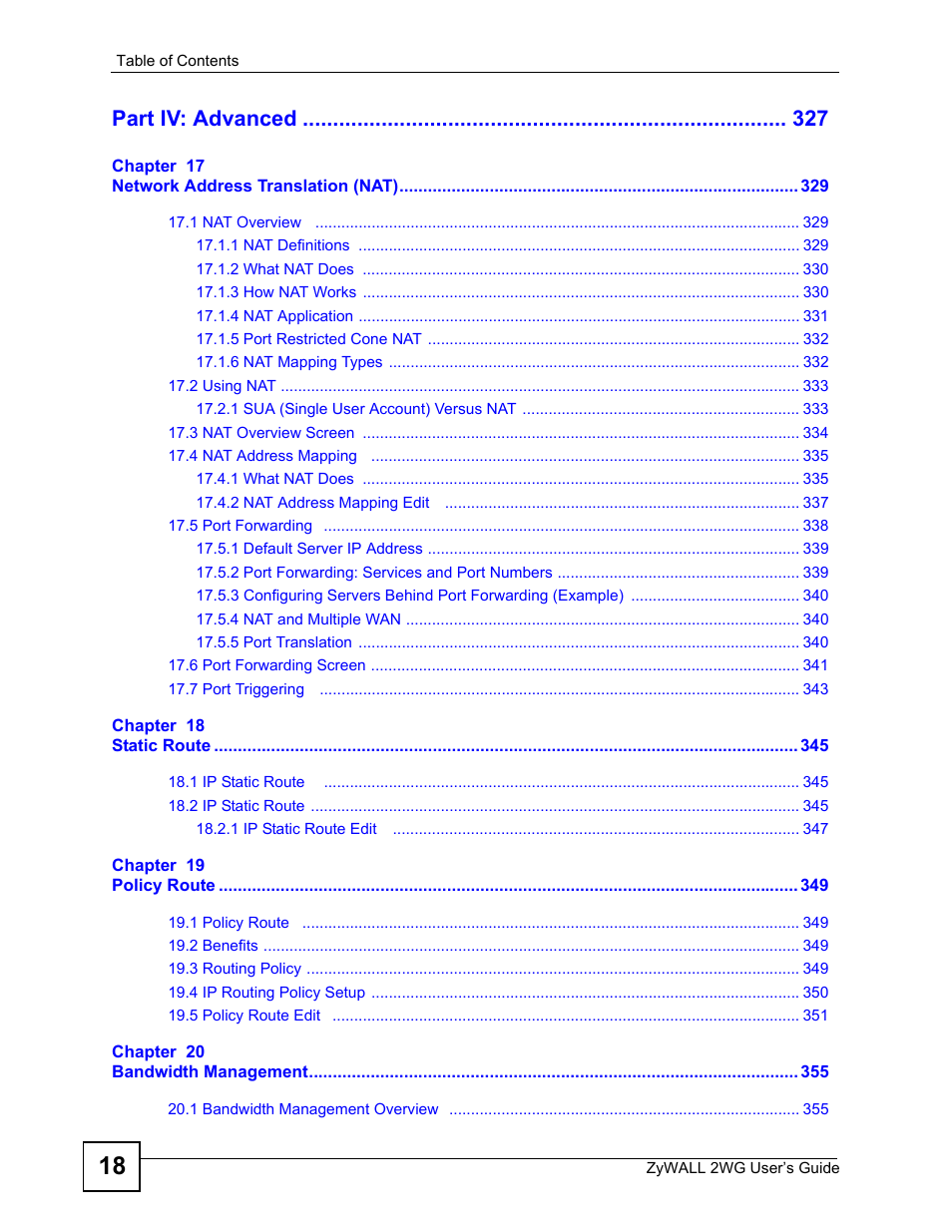 Part iv: advanced | ZyXEL Communications ZyXEL ZyWALL 2WG User Manual | Page 18 / 730