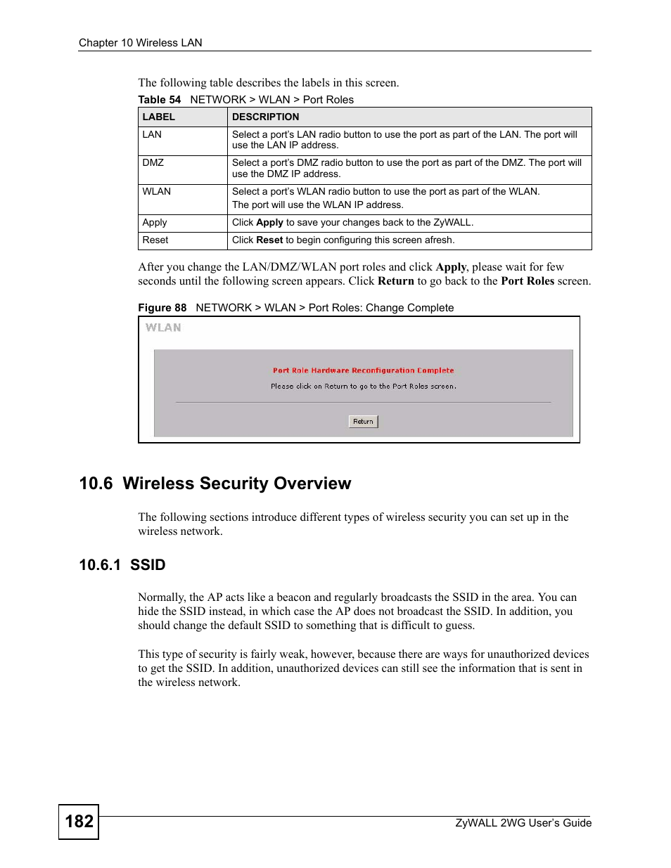 6 wireless security overview, 1 ssid, Table 54 network > wlan > port roles | ZyXEL Communications ZyXEL ZyWALL 2WG User Manual | Page 182 / 730