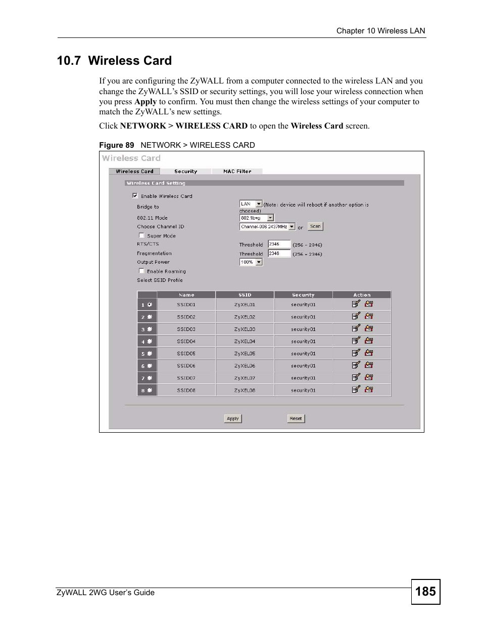 7 wireless card, Figure 89 network > wireless card | ZyXEL Communications ZyXEL ZyWALL 2WG User Manual | Page 185 / 730