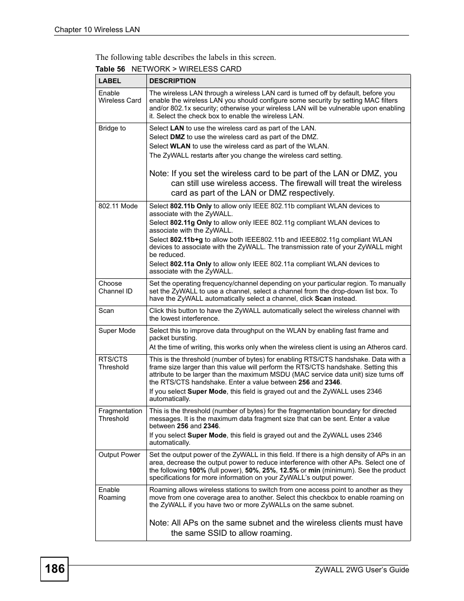 Table 56 network > wireless card | ZyXEL Communications ZyXEL ZyWALL 2WG User Manual | Page 186 / 730