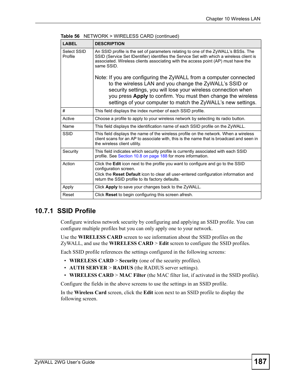 1 ssid profile | ZyXEL Communications ZyXEL ZyWALL 2WG User Manual | Page 187 / 730