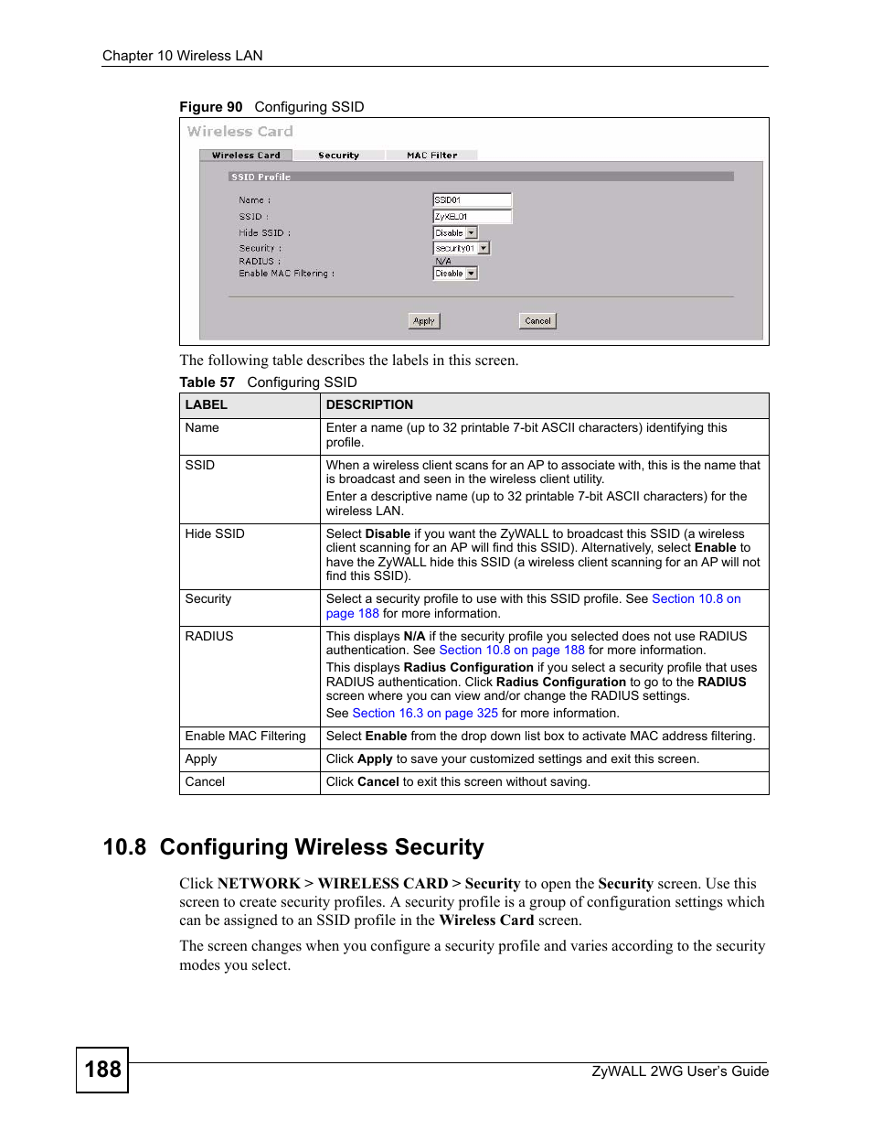 8 configuring wireless security, Figure 90 configuring ssid, Table 57 configuring ssid | ZyXEL Communications ZyXEL ZyWALL 2WG User Manual | Page 188 / 730