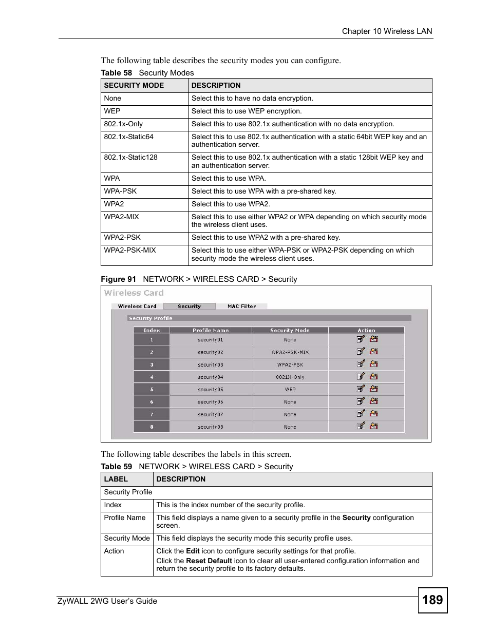 Figure 91 network > wireless card > security | ZyXEL Communications ZyXEL ZyWALL 2WG User Manual | Page 189 / 730