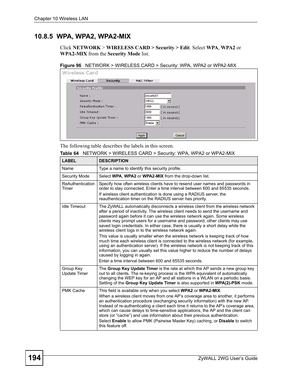 5 wpa, wpa2, wpa2-mix | ZyXEL Communications ZyXEL ZyWALL 2WG User Manual | Page 194 / 730