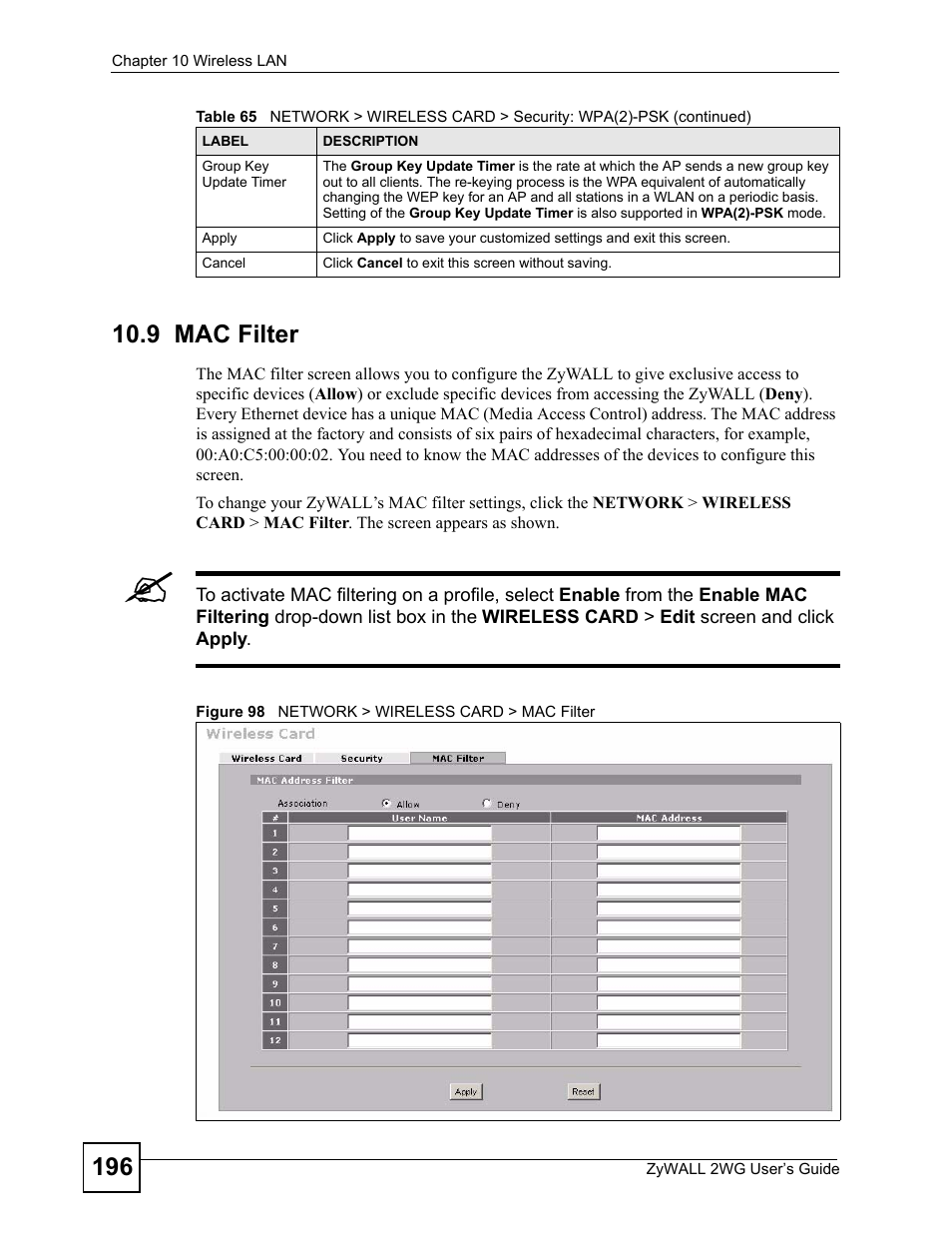 9 mac filter, Figure 98 network > wireless card > mac filter | ZyXEL Communications ZyXEL ZyWALL 2WG User Manual | Page 196 / 730