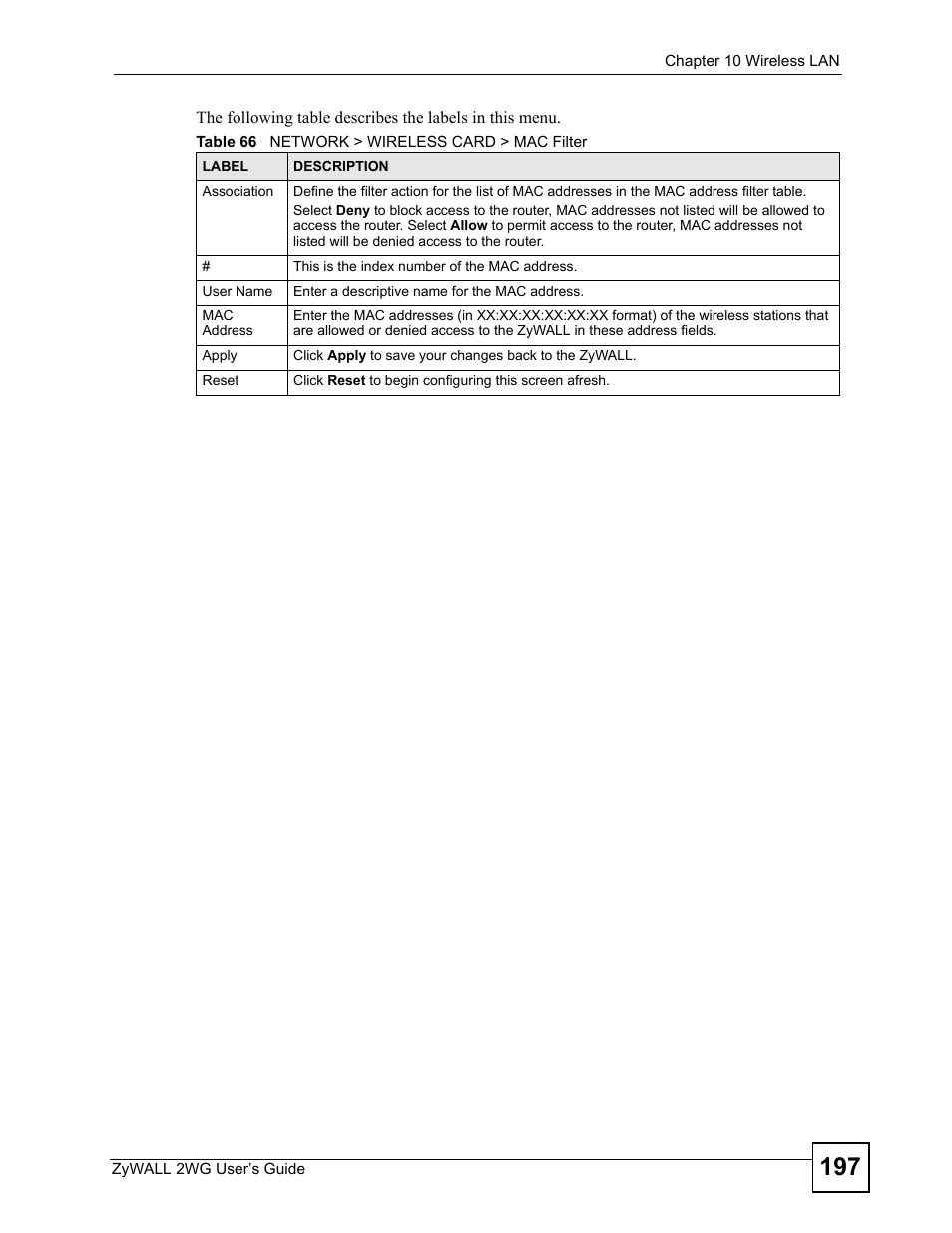 Table 66 network > wireless card > mac filter | ZyXEL Communications ZyXEL ZyWALL 2WG User Manual | Page 197 / 730