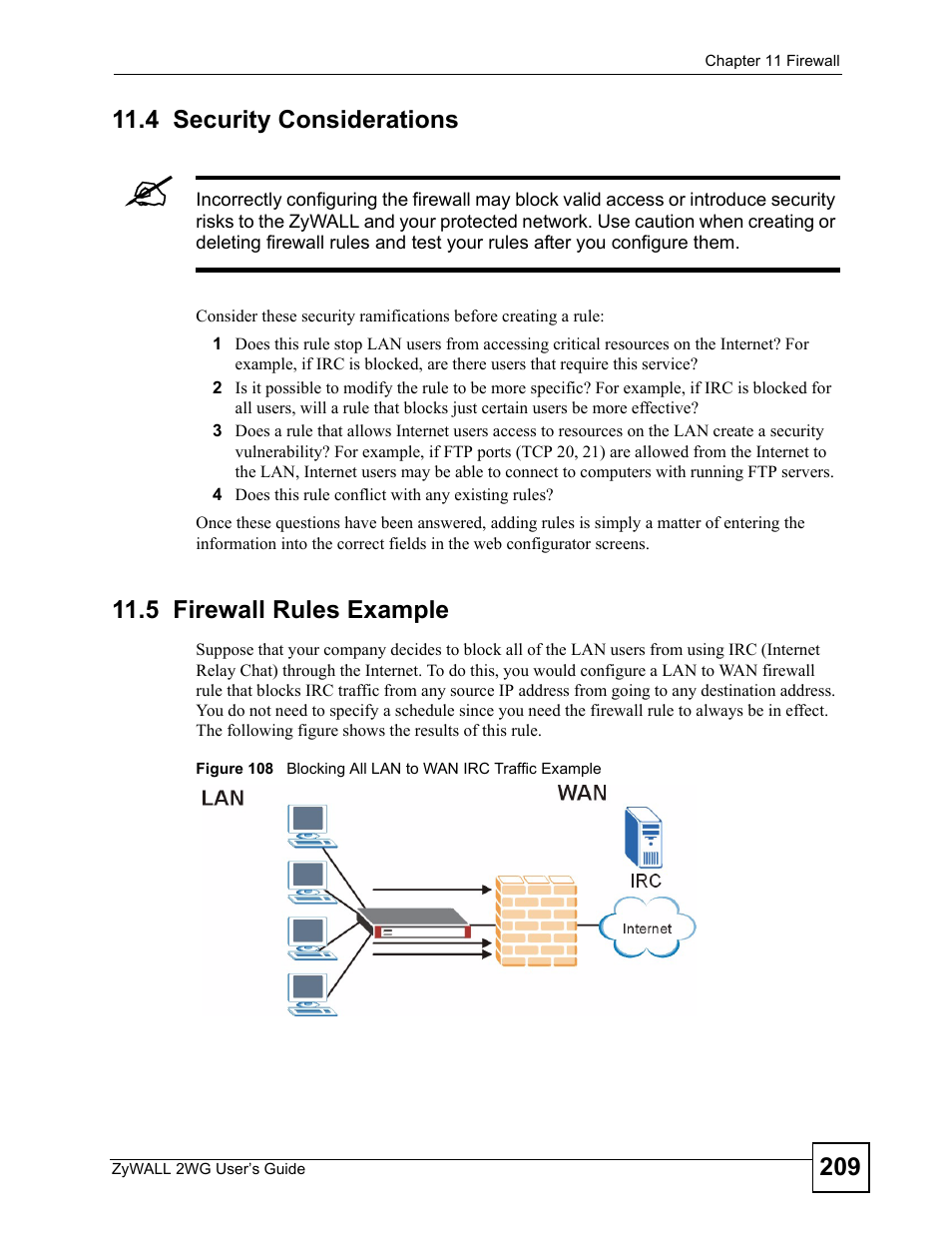 4 security considerations, 5 firewall rules example | ZyXEL Communications ZyXEL ZyWALL 2WG User Manual | Page 209 / 730