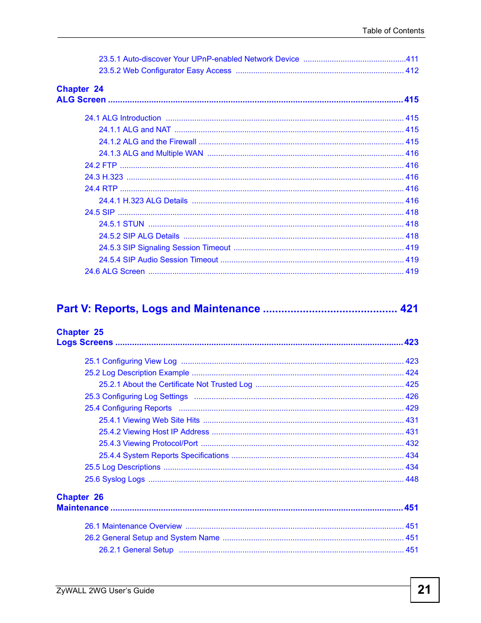 Part v: reports, logs and maintenance | ZyXEL Communications ZyXEL ZyWALL 2WG User Manual | Page 21 / 730