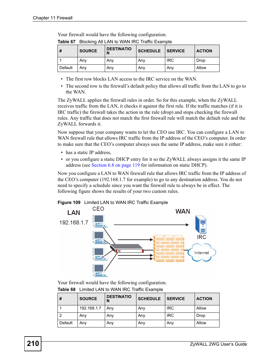 Figure 109 limited lan to wan irc traffic example | ZyXEL Communications ZyXEL ZyWALL 2WG User Manual | Page 210 / 730