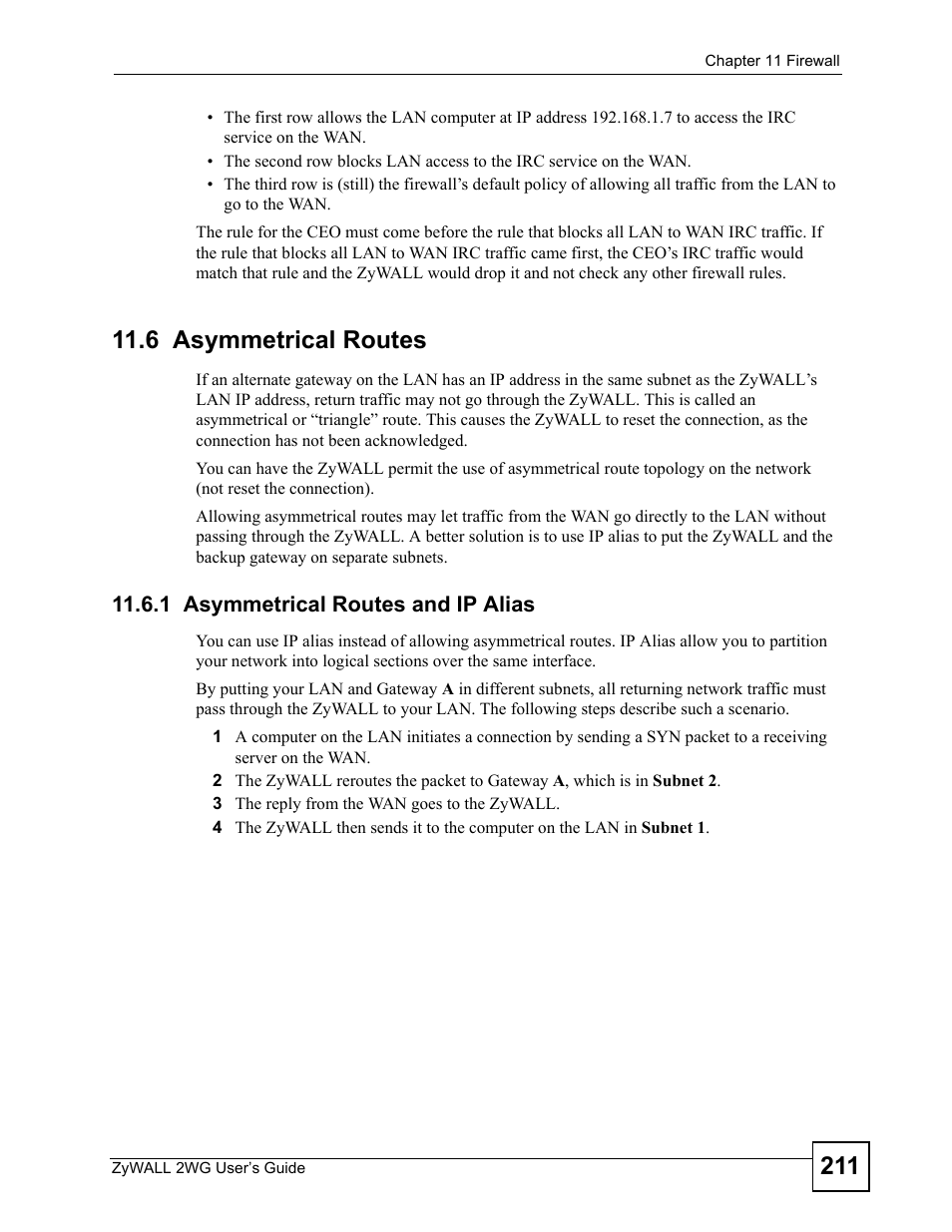 6 asymmetrical routes, 1 asymmetrical routes and ip alias | ZyXEL Communications ZyXEL ZyWALL 2WG User Manual | Page 211 / 730