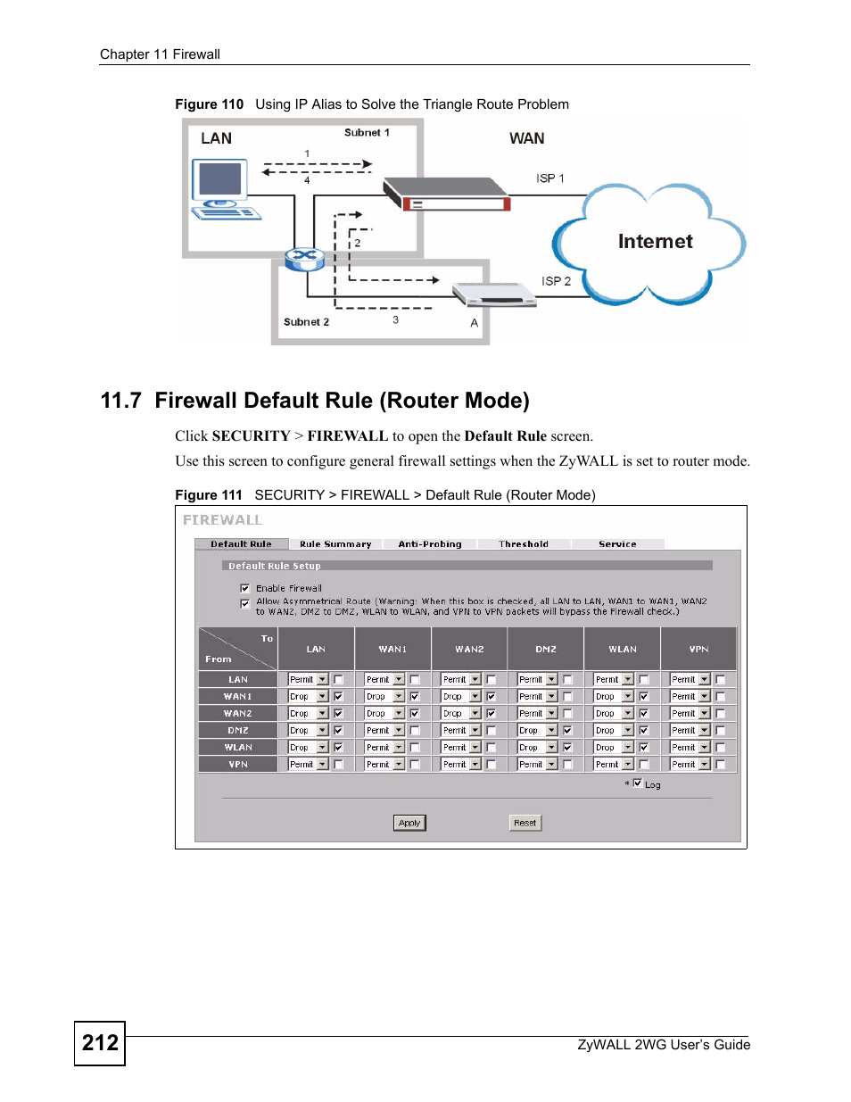 7 firewall default rule (router mode) | ZyXEL Communications ZyXEL ZyWALL 2WG User Manual | Page 212 / 730