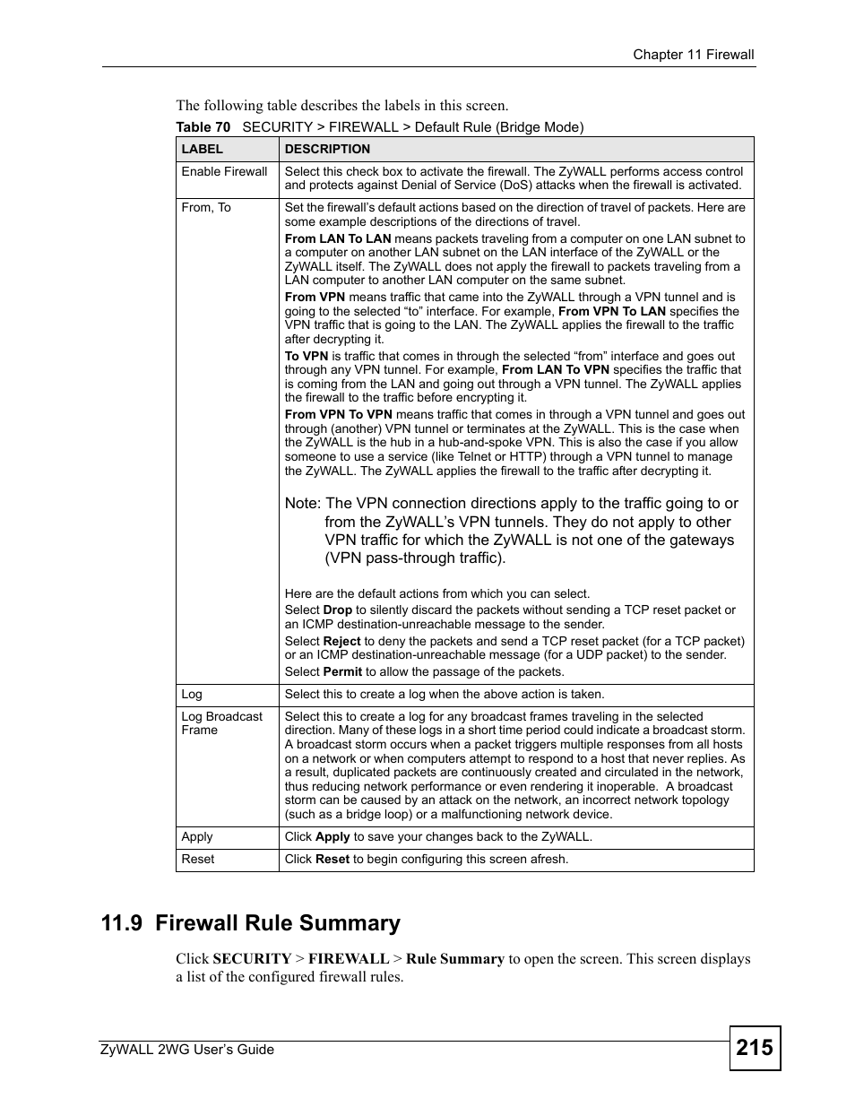 9 firewall rule summary | ZyXEL Communications ZyXEL ZyWALL 2WG User Manual | Page 215 / 730