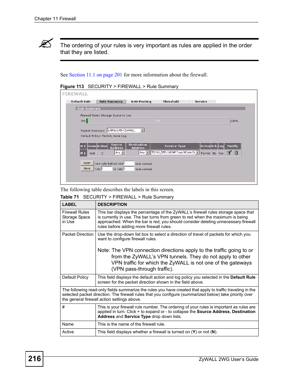 Figure 113 security > firewall > rule summary, Table 71 security > firewall > rule summary | ZyXEL Communications ZyXEL ZyWALL 2WG User Manual | Page 216 / 730