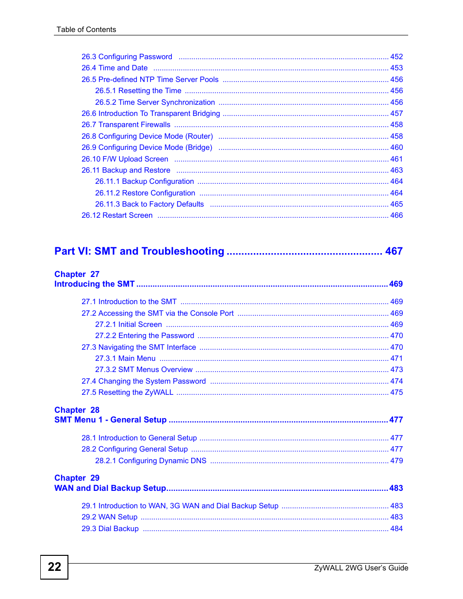 Part vi: smt and troubleshooting | ZyXEL Communications ZyXEL ZyWALL 2WG User Manual | Page 22 / 730