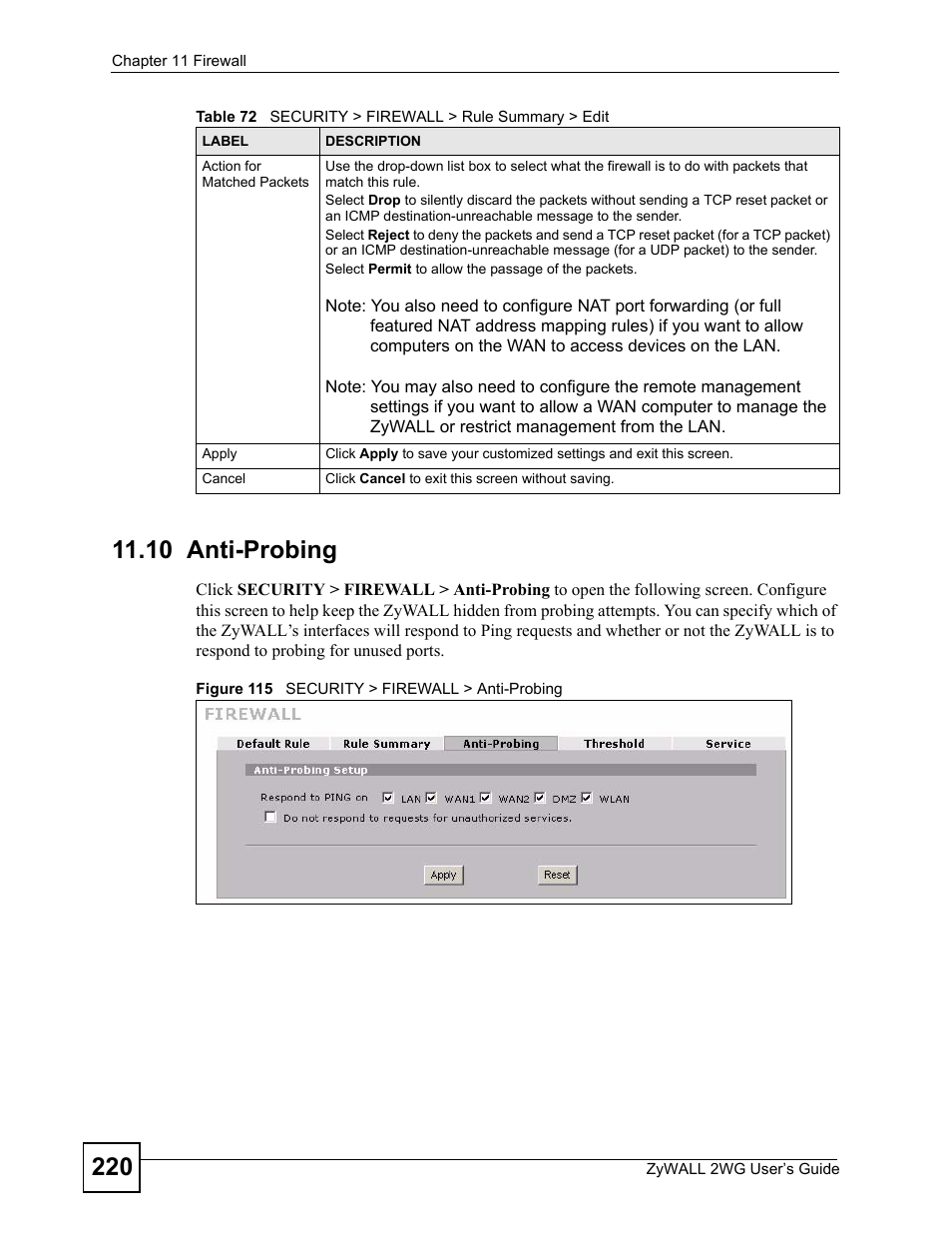 10 anti-probing, Figure 115 security > firewall > anti-probing | ZyXEL Communications ZyXEL ZyWALL 2WG User Manual | Page 220 / 730