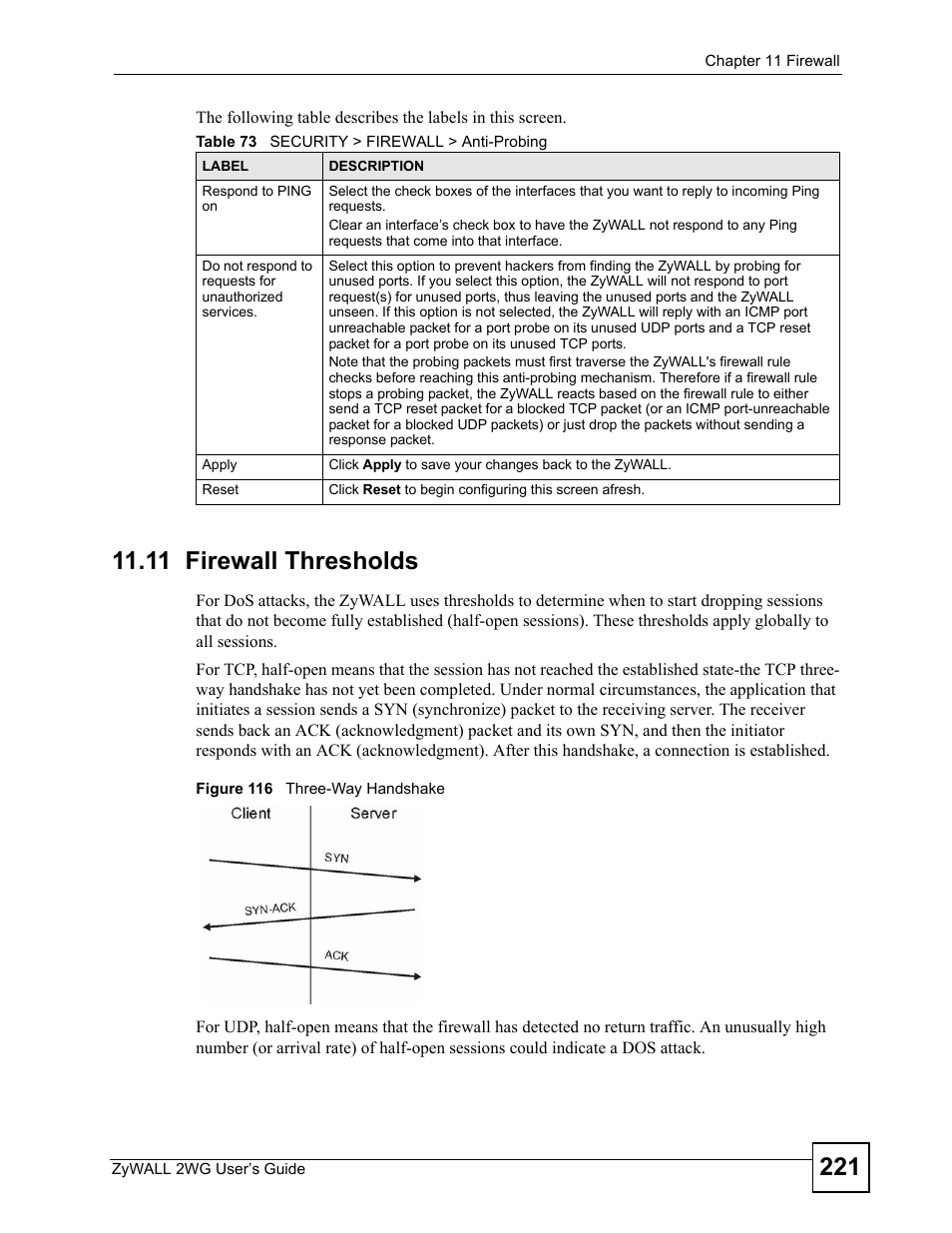 11 firewall thresholds, Figure 116 three-way handshake, Table 73 security > firewall > anti-probing | ZyXEL Communications ZyXEL ZyWALL 2WG User Manual | Page 221 / 730