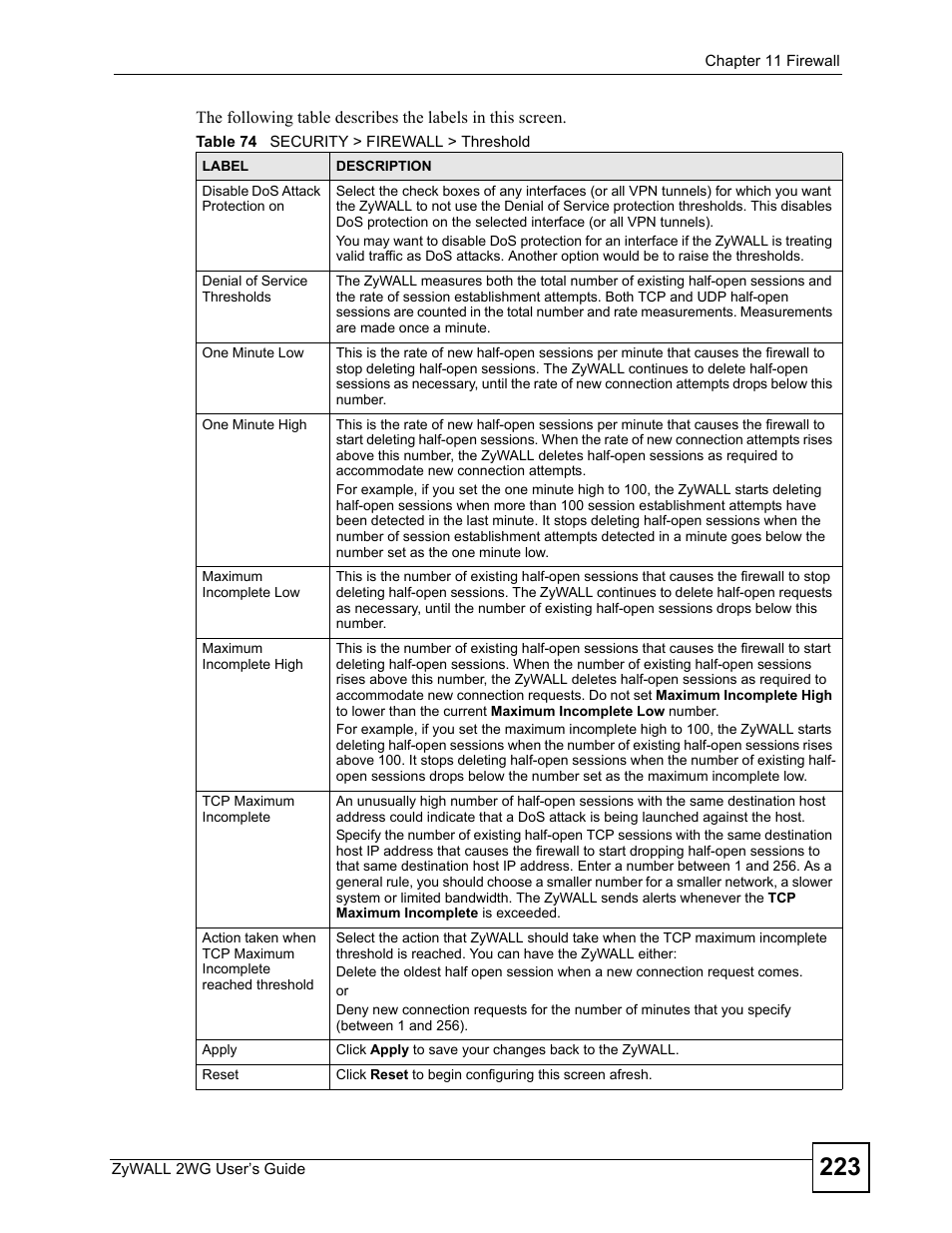 Table 74 security > firewall > threshold | ZyXEL Communications ZyXEL ZyWALL 2WG User Manual | Page 223 / 730