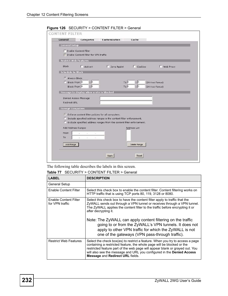 Figure 126 security > content filter > general, Table 77 security > content filter > general | ZyXEL Communications ZyXEL ZyWALL 2WG User Manual | Page 232 / 730