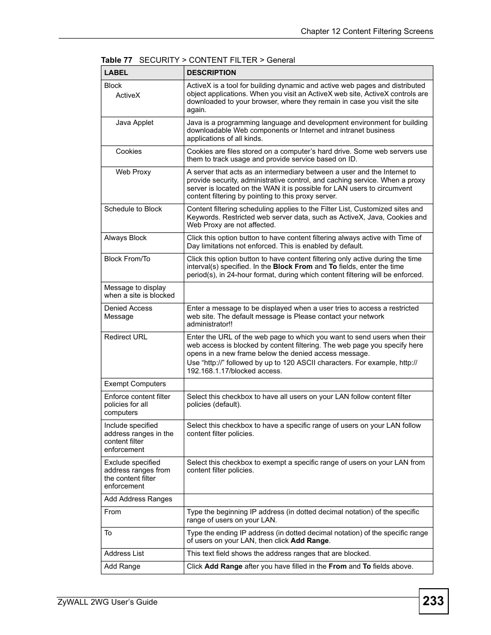 ZyXEL Communications ZyXEL ZyWALL 2WG User Manual | Page 233 / 730