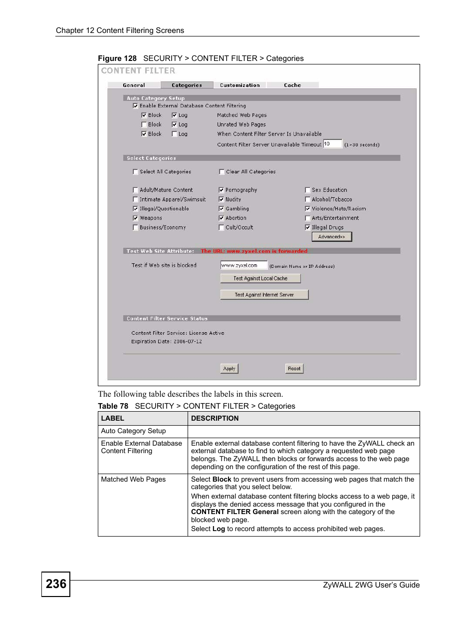 Figure 128 security > content filter > categories, Table 78 security > content filter > categories | ZyXEL Communications ZyXEL ZyWALL 2WG User Manual | Page 236 / 730