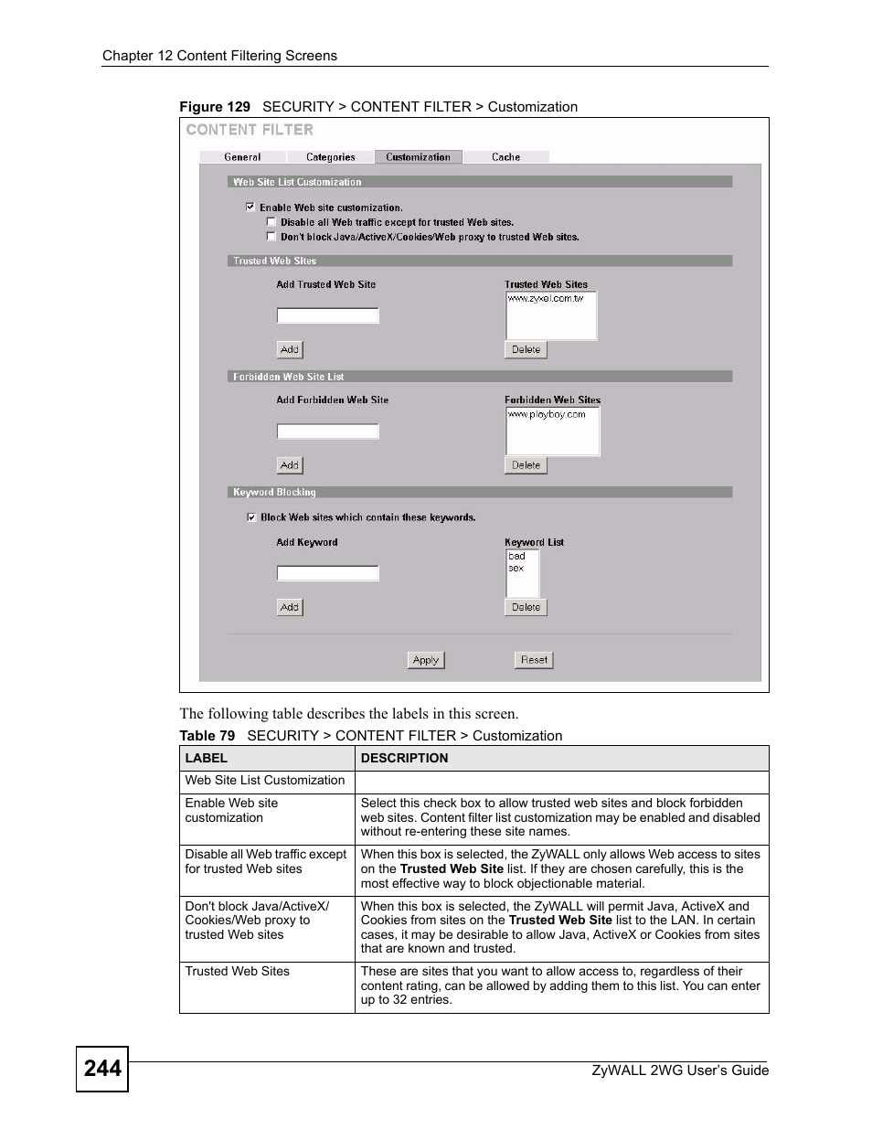 Table 79 security > content filter > customization | ZyXEL Communications ZyXEL ZyWALL 2WG User Manual | Page 244 / 730