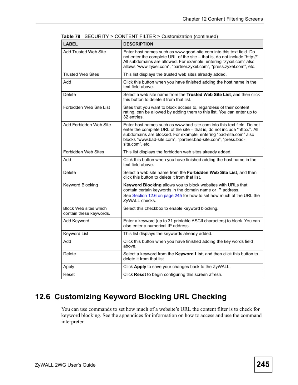 6 customizing keyword blocking url checking | ZyXEL Communications ZyXEL ZyWALL 2WG User Manual | Page 245 / 730