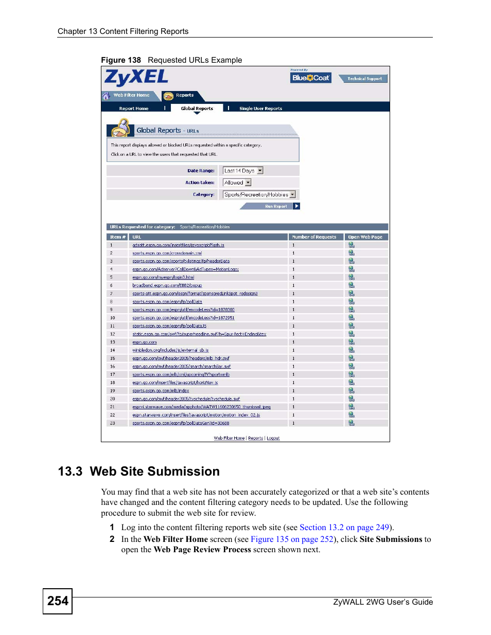 3 web site submission, Figure 138 requested urls example, Category needs to be updated. see | ZyXEL Communications ZyXEL ZyWALL 2WG User Manual | Page 254 / 730