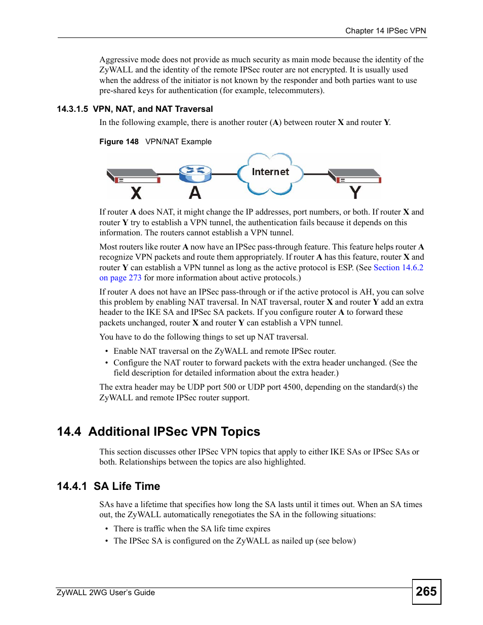 4 additional ipsec vpn topics, 1 sa life time, Figure 148 vpn/nat example | ZyXEL Communications ZyXEL ZyWALL 2WG User Manual | Page 265 / 730