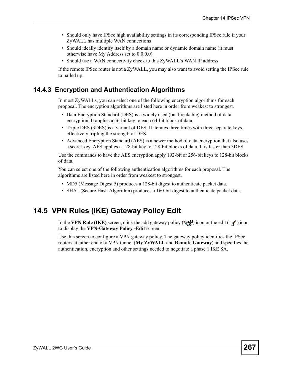 3 encryption and authentication algorithms, 5 vpn rules (ike) gateway policy edit | ZyXEL Communications ZyXEL ZyWALL 2WG User Manual | Page 267 / 730